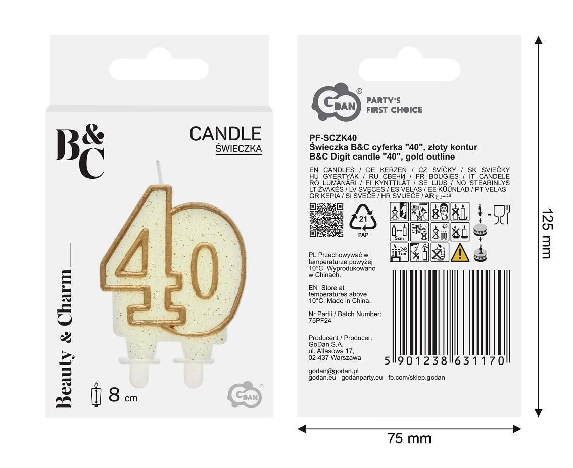 Double digit candle "40", gold outline, 8 cm